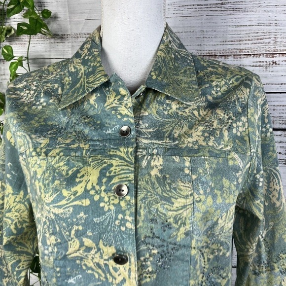 Susan Bristol Jacket size Small Gray Green Floral Beads Pockets Casual Trucker - Picture 5 of 16